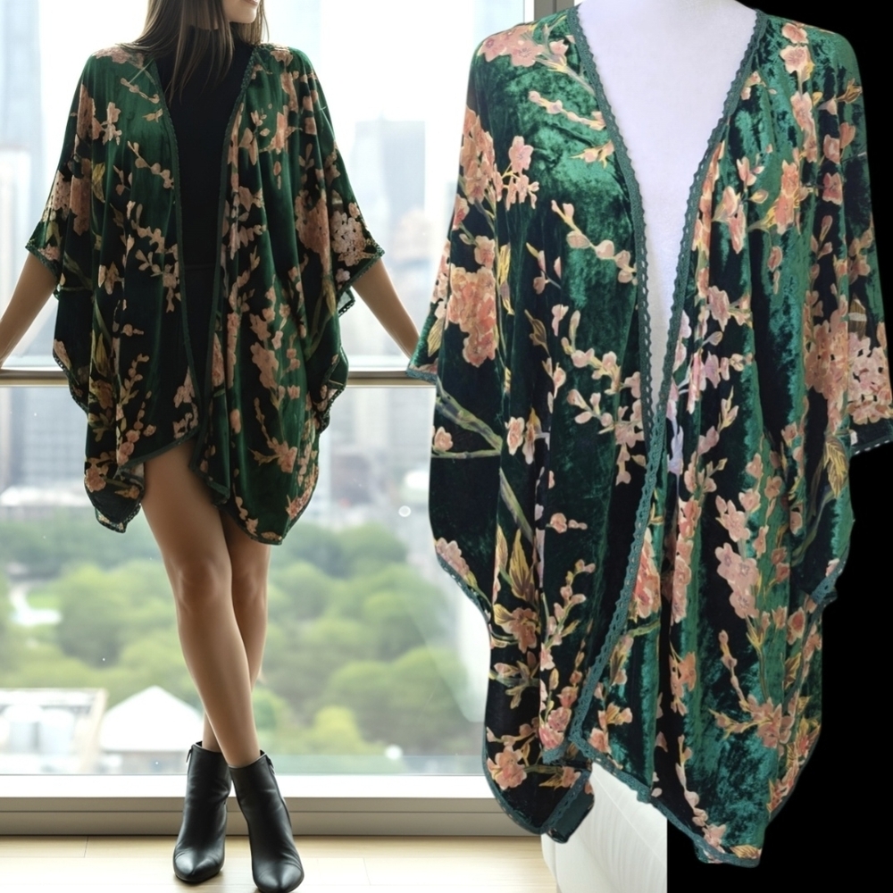 Natural Life Floral Velvet Burnout Kimono Cardigan One size